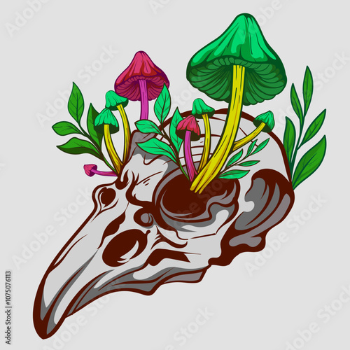 Illustration of vulture's skull with mushrooms growing woodcut engraving style element for tattoos and apparel design