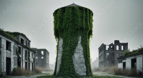 Old water tower covered in ivy standing sentinel over the ruins background steadfast reminder of a once bustling city now left behind. photo