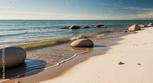 Sunlit Water Over Smooth Rocks at the Shoreline.