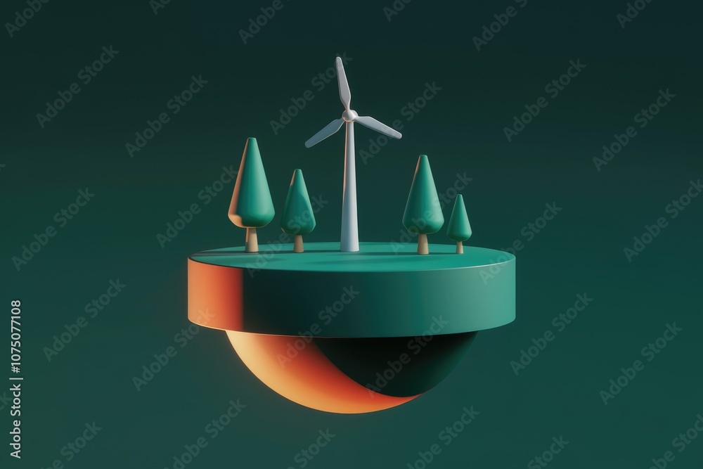 A 3D render of a wind turbine trees and a green platform representing renewable energy. A 3D render of a wind turbine trees and a green platform representing renewable energy.