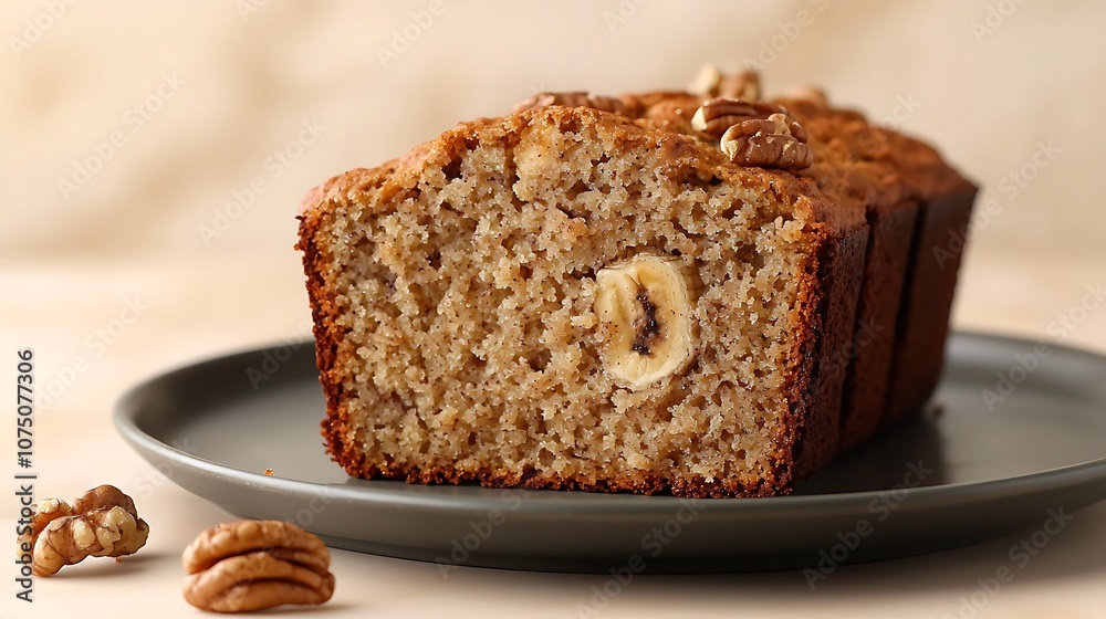Delicious Homemade Banana Bread with Pecans on Gray Plate Delicious Homemade Banana Bread with Pecans on Gray Plate