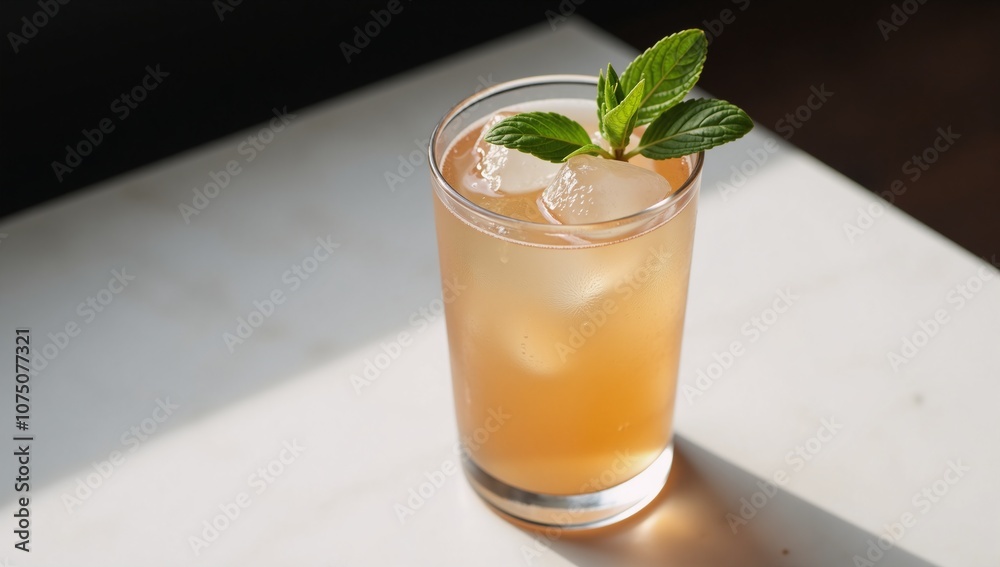 Cocktail served on a marble table with a mint garnish Cocktail served on a marble table with a mint garnish