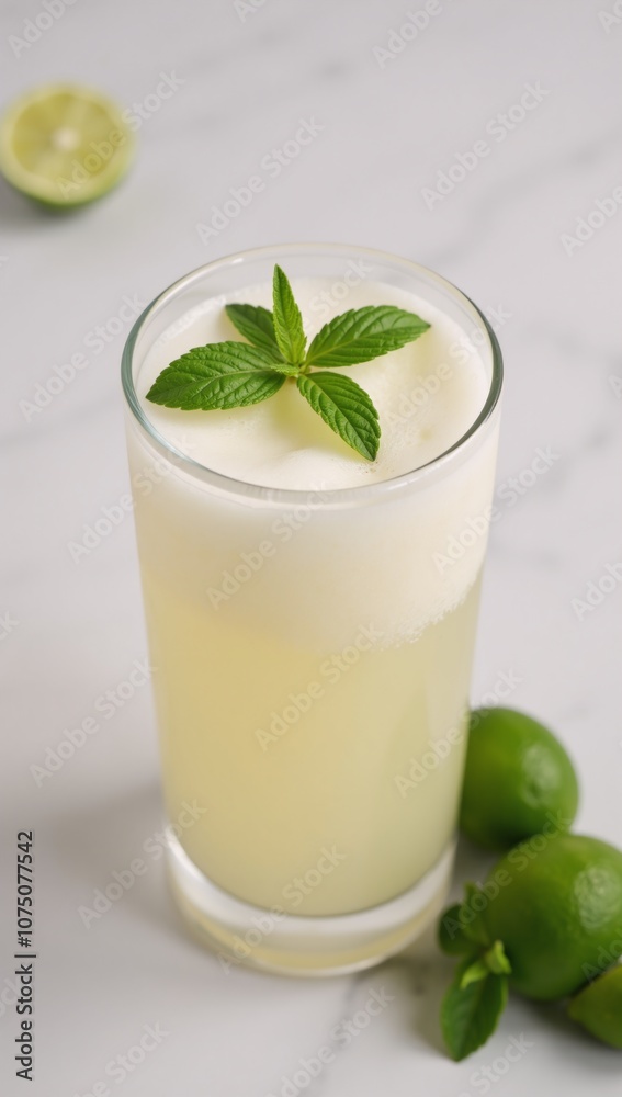 Isolated bar scene featuring a margarita cocktail glass filled with lime and mint Isolated bar scene featuring a margarita cocktail glass filled with lime and mint
