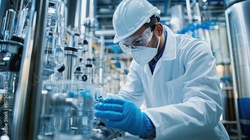 A Scientist in a Lab Coat Working with Glassware in a Laboratory