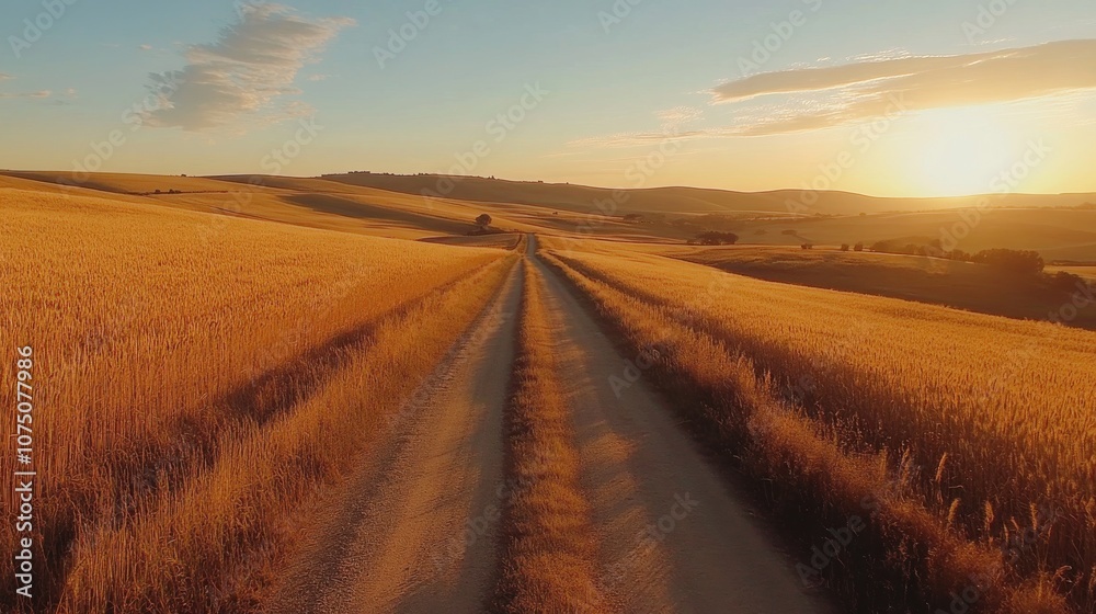 A serene country road meandering through fields of golden wheat at sunset, inviting peaceful travel and connection with nature A serene country road meandering through fields of golden wheat at sunset, inviting peaceful travel and connection with nature