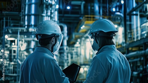 Two Workers Wearing Hard Hats and Face Shields in an Industrial Setting