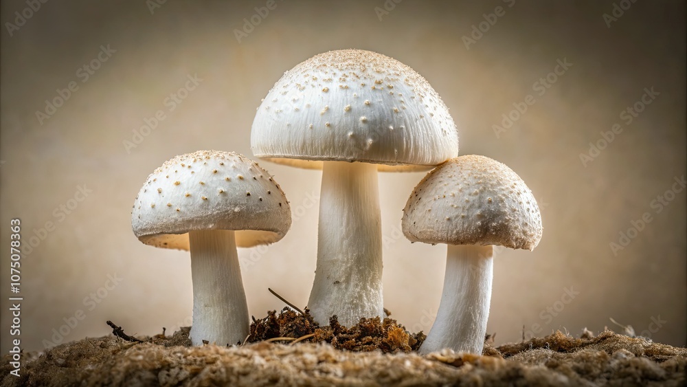 Three White Mushrooms with Brown Speckles on Clean Background - Nature, Fungi, Organic, Fresh, Gourmet, Edible, Forest, Wild, Culinary, Natural Textures, Healthy Eating, Botanical. Three White Mushrooms with Brown Speckles on Clean Background - Nature, Fungi, Organic, Fresh, Gourmet, Edible, Forest, Wild, Culinary, Natural Textures, Healthy Eating, Botanical.
