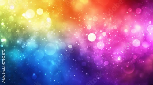 Vibrant and colorful bokeh background, with a gradient of colors ranging from yellow to blue, and scattered with circular bokeh lights of various sizes and colors