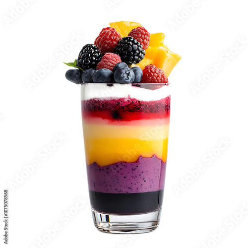 a tropical smoothie, mixed berry flavors, colorful layers, garnished with fruit, isolated on white background