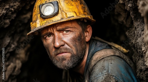 Determined Miner in Tunnel with Hard Hat and Headlamp Showing Resilience and Grit Amidst Dark Environment with Soil and Rocks Surrounding Him