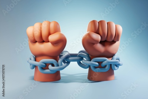 Two fists clenched in defiance  bound together by a blue chain. photo