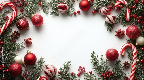 festively striped red and white candy cane frame surrounding a blank area for holiday greetings, inviting warmth and cheer for the christmas and new year season, set against a crisp white background