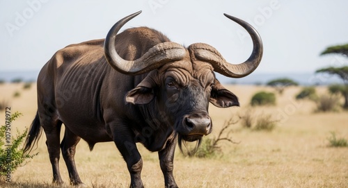 An African buffalo with huge horns grazes in the savannah.