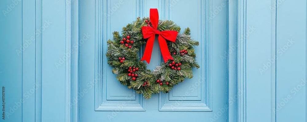 A festive wreath with a red bow on a blue door, symbolizing holiday cheer. A festive wreath with a red bow on a blue door, symbolizing holiday cheer.