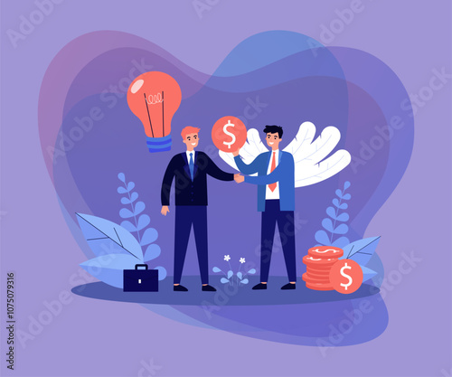 Angel sponsor investing money in startup. Investor giving financial support to entrepreneur, buying ideas. Vector illustration for business, investment, funding concept