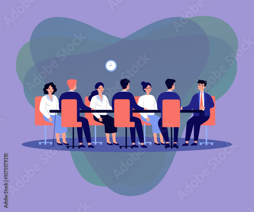 Business leader holding corporate meeting with team in boardroom. Politician talking to staff at round conference table. Vector illustration for authority, chairman, negotiations, work discussion conc