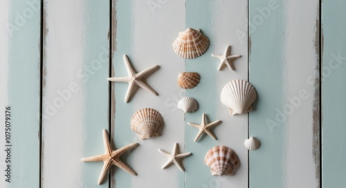 nautical concept seashells and starfish over mint blue wooden background.