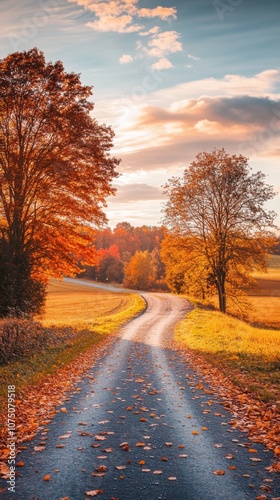 Vibrant autumn road winding through colorful trees and golden fields in a picturesque countryside landscape