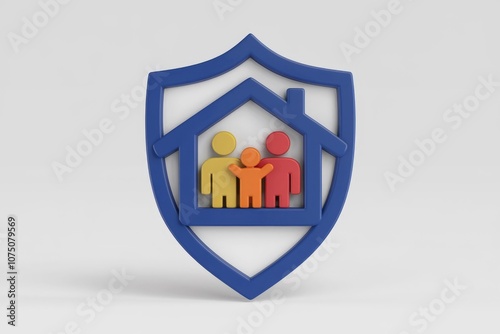 A blue shield with a house and family inside symbolizing protection.