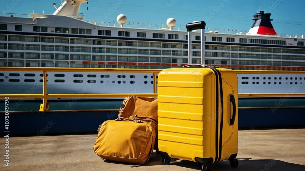 Yellow travel suitcase on a sea pier with a large cruise ship on the background. Vacations and visiting tourist places.