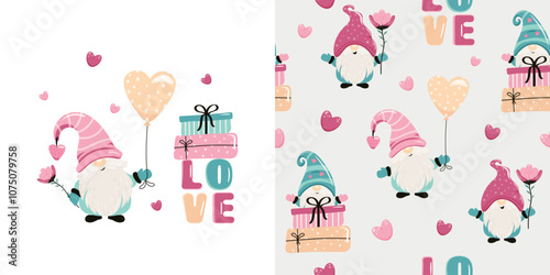 A festive set. Background and seamless pattern with cute dwarfs, balloons and gifts. Vector design for baby bedding, fabric, wallpaper, wrapping paper and more.