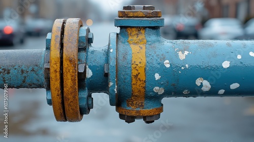 A close-up view revealing the textures and colors of a rusty metal pipe with bolts, set against an urban background, evokes industrial charm. photo