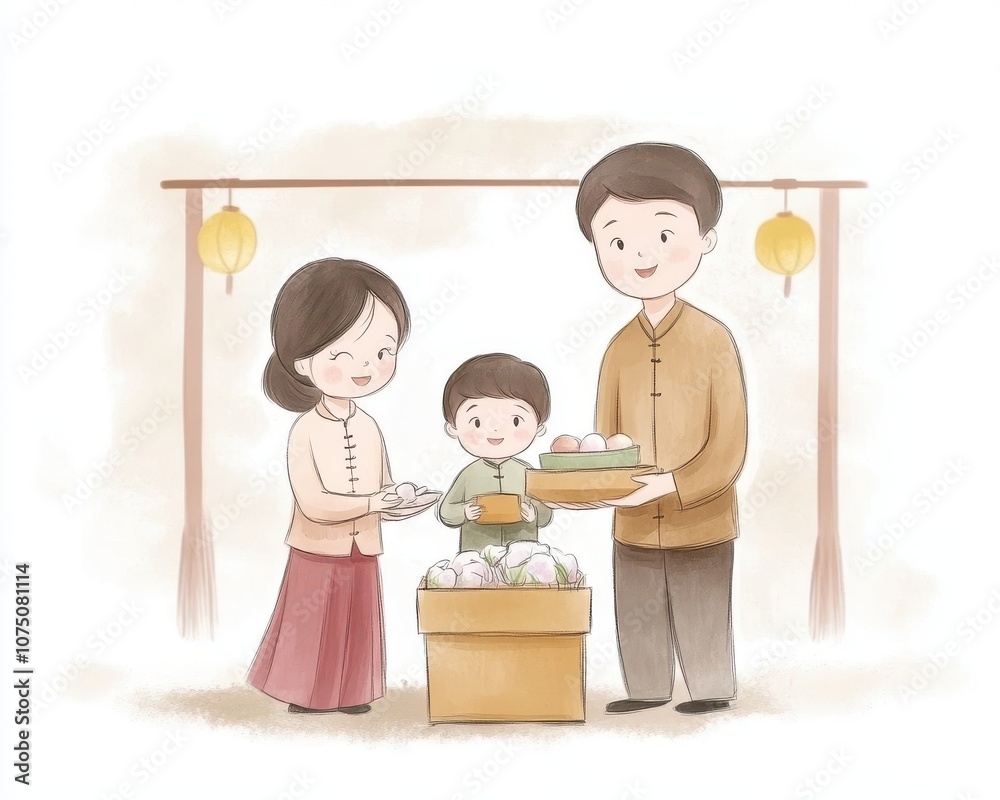 A family enjoying a traditional celebration with food offerings and happy expressions.
