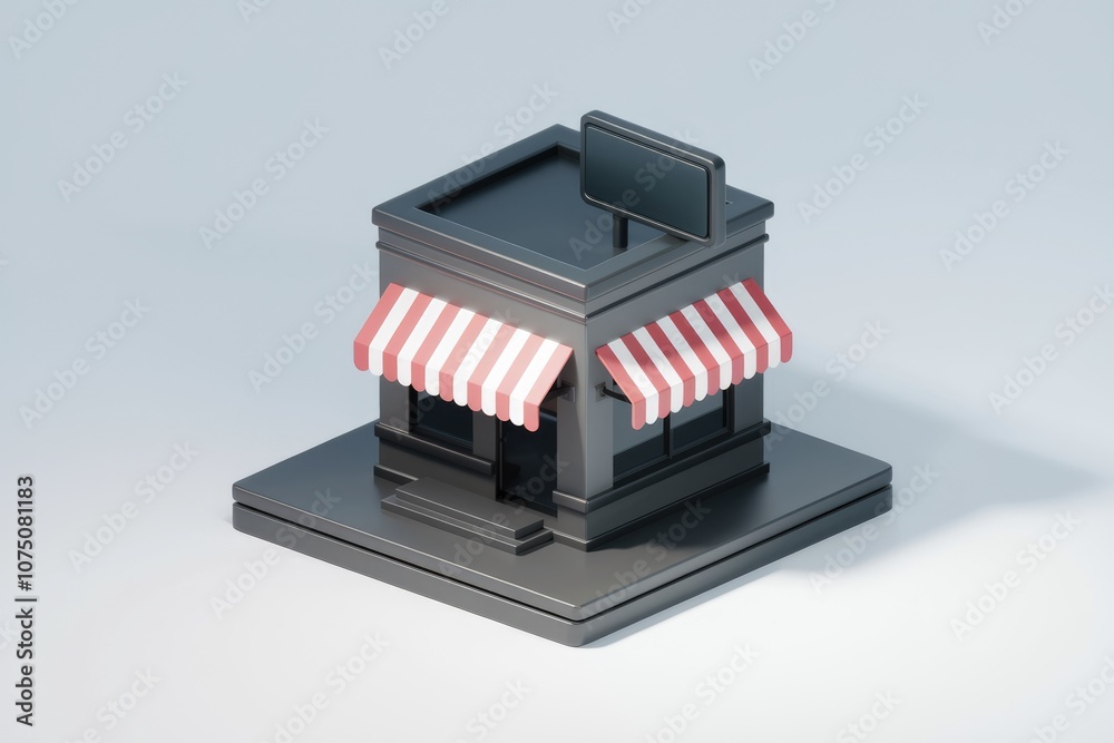 3D rendering of a black store with red and white awning 3D rendering of a black store with red and white awning
