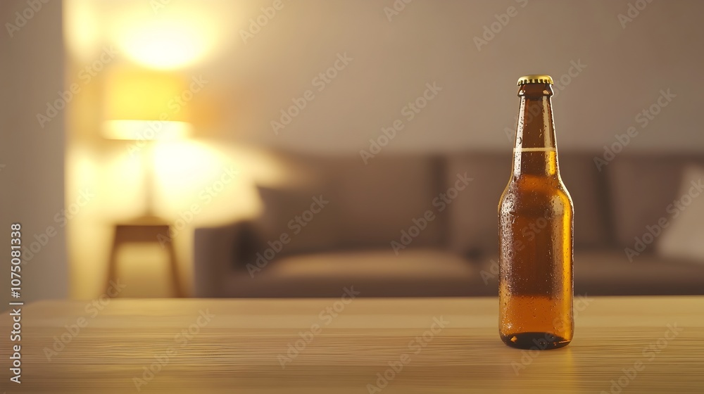 Cinematic Cold Beer Bottle in Cozy Living Room - Warm Ambient Lighting with Condensation and Shallow Depth of Field Creating Inviting Atmosphere Cinematic Cold Beer Bottle in Cozy Living Room - Warm Ambient Lighting with Condensation and Shallow Depth of Field Creating Inviting Atmosphere