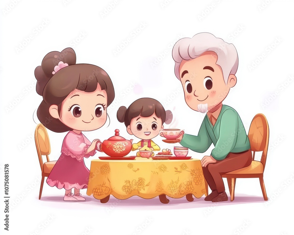 A family enjoying tea time together at a colorful table, creating warm memories. A family enjoying tea time together at a colorful table, creating warm memories.