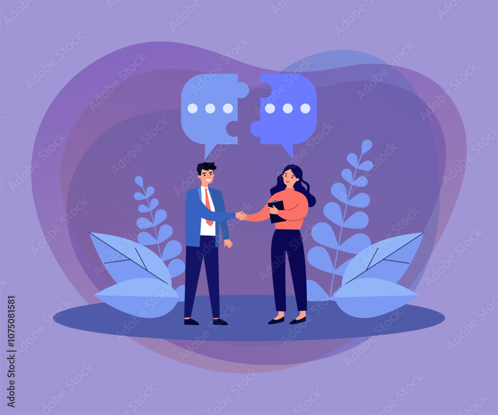 Couple of business people meeting, shaking hands and talking. Speech bubble, connecting halves of puzzle above them. Vector illustration for dialogue, cooperation teamwork concepts