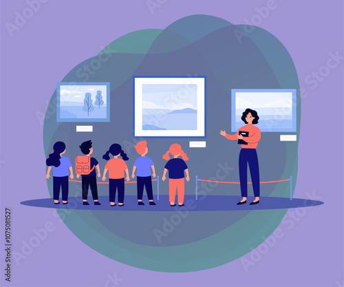 Children visiting museum excursion, standing at picture and listening to guide. Vector illustration for art gallery, cultural education, exhibition concepts