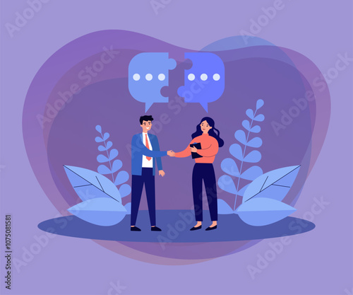 Obraz na płótnie Couple of business people meeting, shaking hands and talking. Speech bubble, connecting halves of puzzle above them. Vector illustration for dialogue, cooperation teamwork concepts w salonie