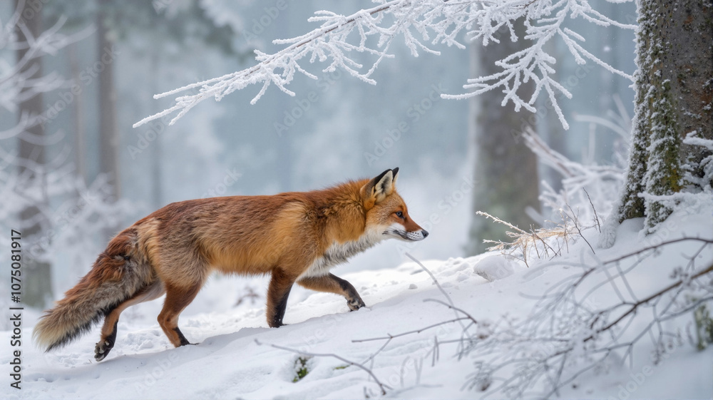 Red fox walking through snowy forest in winter
