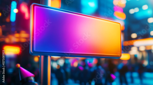 Vibrant Neon Sign in Urban Setting with Colorful Lights and Blurred Background of Crowded Street, Ideal for Advertising and Marketing Concepts photo