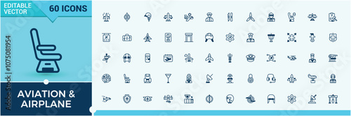 Aviation line icon collections. Related to activities, air travel, airline, airport, aircraft, airplane,  and more. Minimalistic web and UI icons. Editable stroke. Vector illustration.