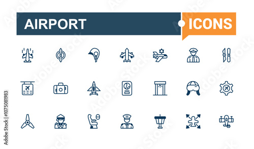 Aviation icons in linear style. Containing airport, activities, air travel, airplane, airline, aircraft and more. Collection for mobile and web apps. Editable stroke. Vector illustration.