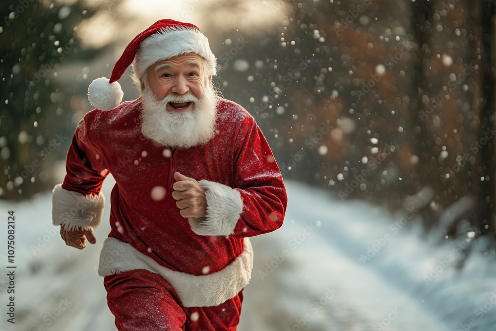 Fototapeta premium Funny Senior man in santa claus clothes, running marathon, snowy background