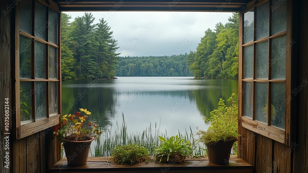 Window View of Serene Lake and Lush Green Trees Window View of Serene Lake and Lush Green Trees