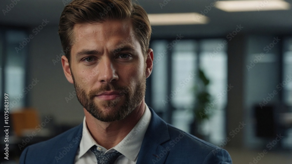Fototapeta premium Photo of 30 years old american man on cinematic blurry office background, corporate businessman
