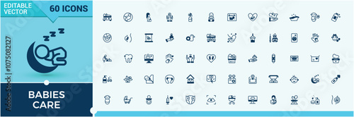 Babies Care vector line icon set. Contains related to bag, massage, infant care, rubber, toys, healthcare, dummy teat and more. Minimal linear icons.