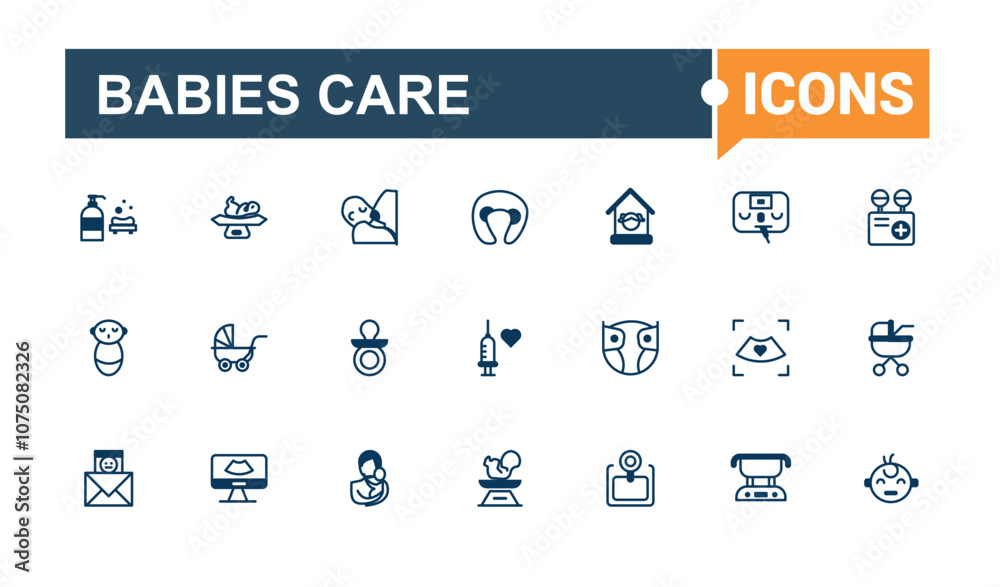Babies Care icon set. Contains such icons as baby essentials, bath time, baby bath, girl, rocking and more. Vector illustration in modern line style. Babies Care icon set. Contains such icons as baby essentials, bath time, baby bath, girl, rocking and more. Vector illustration in modern line style.