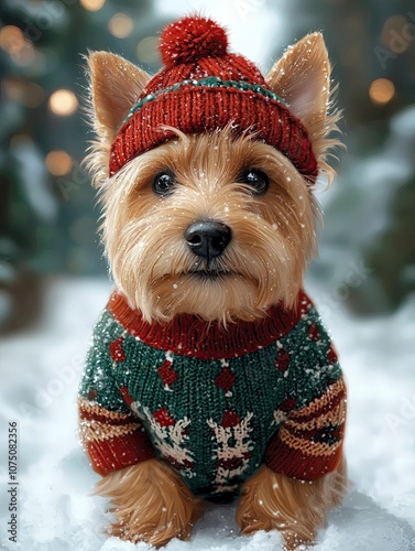 Scene featuring a Tenterfield Terrier dog sitting on snow, dressed in a cozy red and green holiday sweater 