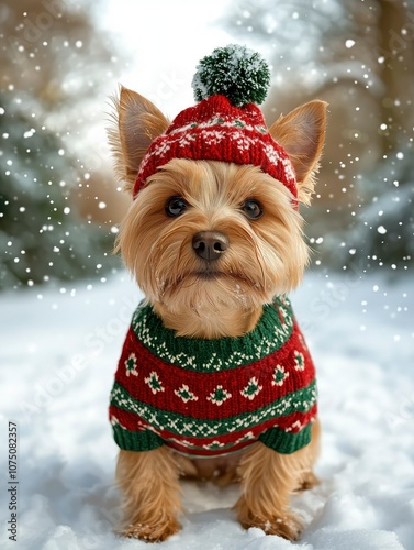 Scene featuring a Tenterfield Terrier dog sitting on snow, dressed in a cozy red and green holiday sweater and a festive pom-pom hat photo