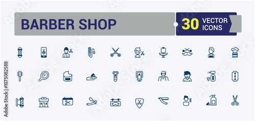 Barber shop vector line icon set. Related to service, dresser, foam, 1man, isolated, white, barber and more. Perfect for logos and infographics. Vector outline icons collection.