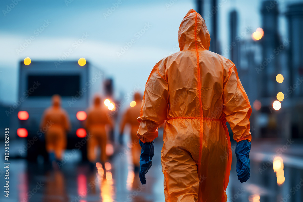 Workers in Protective Gear Walking Through Industrial Area During Rainy Evening, Highlighting Safety Procedures and Team Collaboration in Challenging Environments Workers in Protective Gear Walking Through Industrial Area During Rainy Evening, Highlighting Safety Procedures and Team Collaboration in Challenging Environments