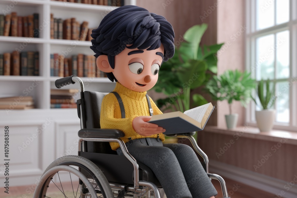 A cartoon boy in a wheelchair reads a book in a room with a bookcase and a window. A cartoon boy in a wheelchair reads a book in a room with a bookcase and a window.