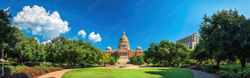 Obraz premium A vibrant panorama of Oklahoma State's capital building surrounded by lush greenery and blue skies on a sunny day
