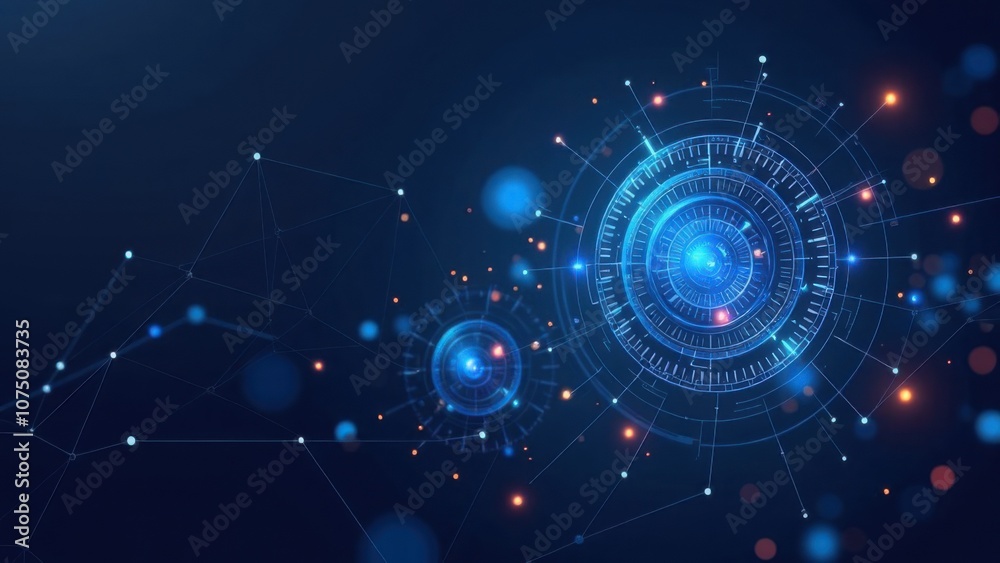 Obraz premium Abstract futuristic digital interface with circular HUD elements on a dark background. High-tech, cybersecurity, artificial intelligence-themed visuals, copy space for design or wallpaper applications