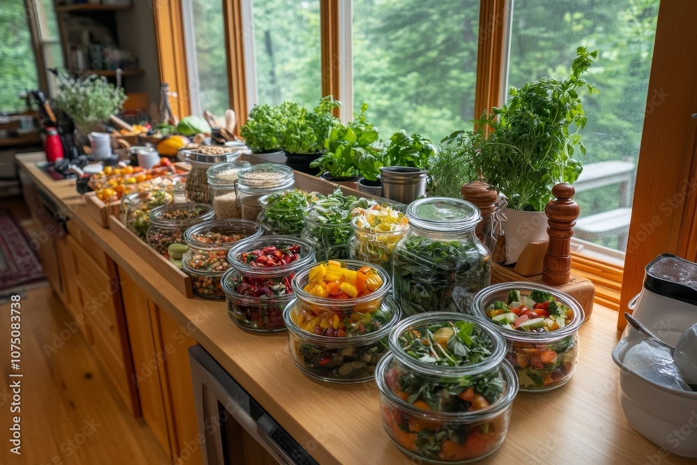 Fototapeta premium Colorful collection of fresh vegetables and herbs in glass jars on a wooden countertop in a bright kitchen during daytime